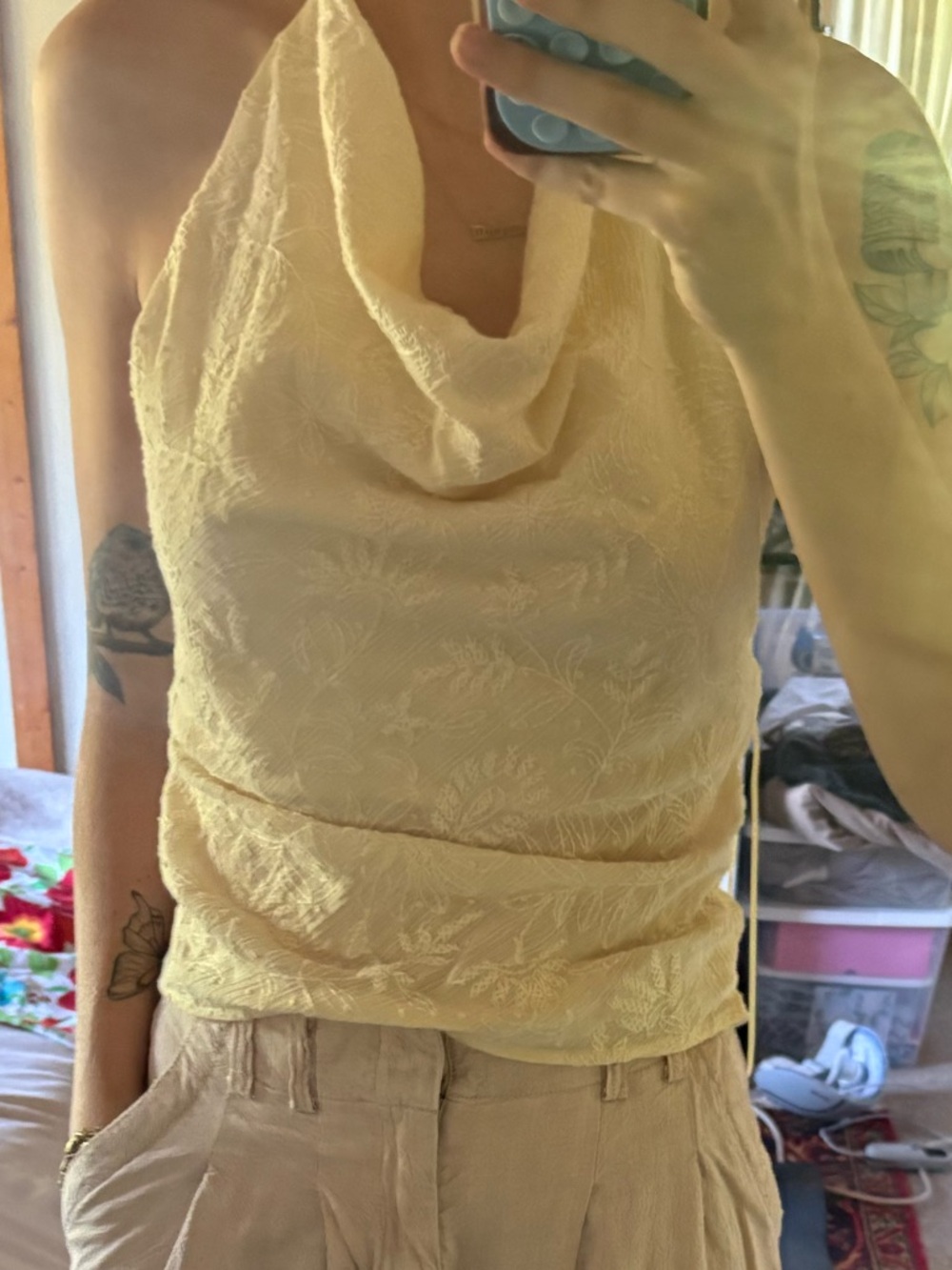 Zara Cream Floral Jacquard Cowl Neck Tank